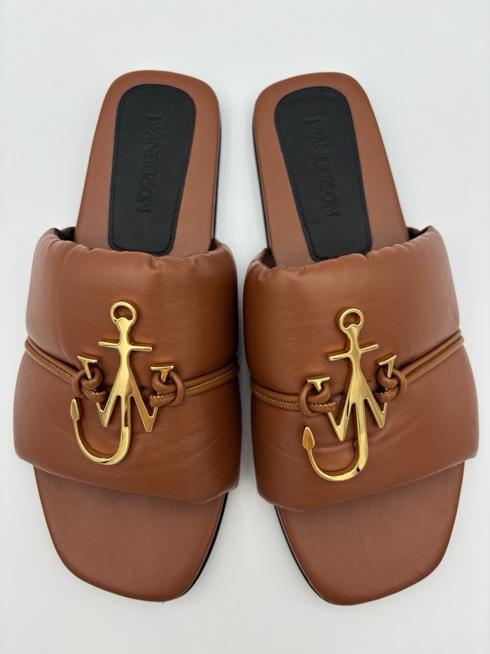 JW Anderson Anchor Logo Slides Flat Sandals Brown Leather Size 38.5 / 8 Gold